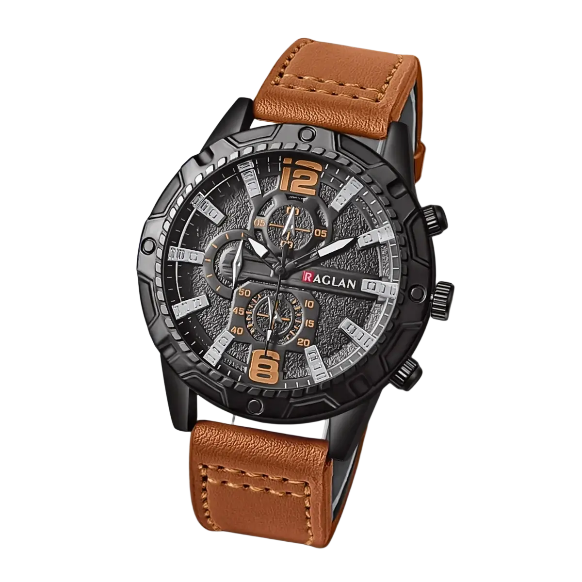 Men leather chronograph quartz watch with black and brown raglan case, textured dial, orange numerals, and tan leather strap