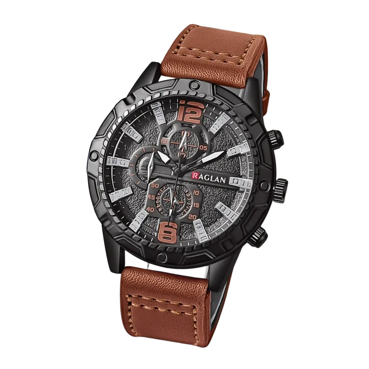Men leather chronograph quartz watch with black raglan case, textured dial, orange numerals, silver hands, and brown strap