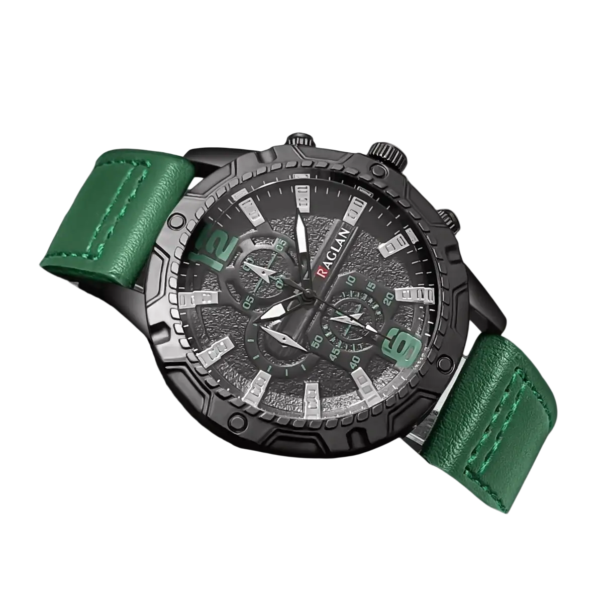 Men leather chronograph quartz watch with black raglan dial silver-tone accents and green leather strap