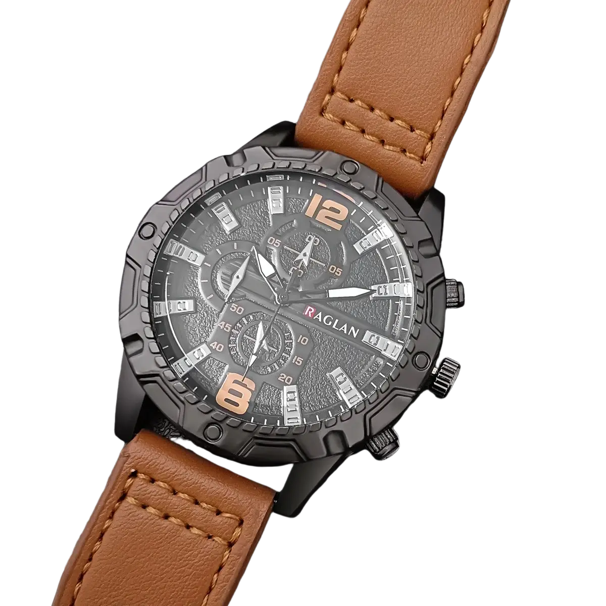 Men leather chronograph quartz watch with black raglan dial silver accents and brown leather strap