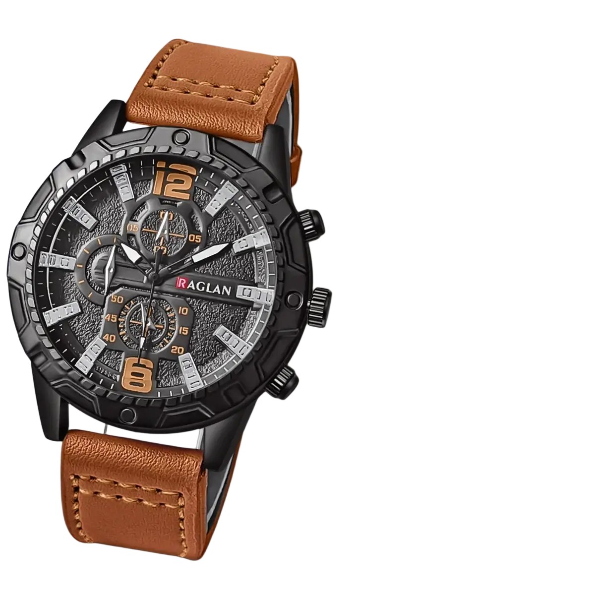 Men leather chronograph quartz watch with black raglan case, textured dial, orange numerals, and tan leather strap