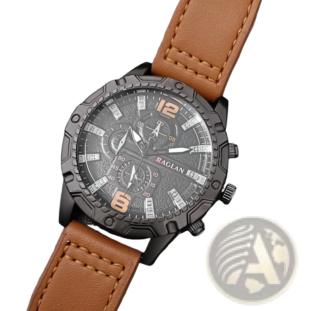 Men leather chronograph quartz watch with black raglan dial silver accents and brown leather strap