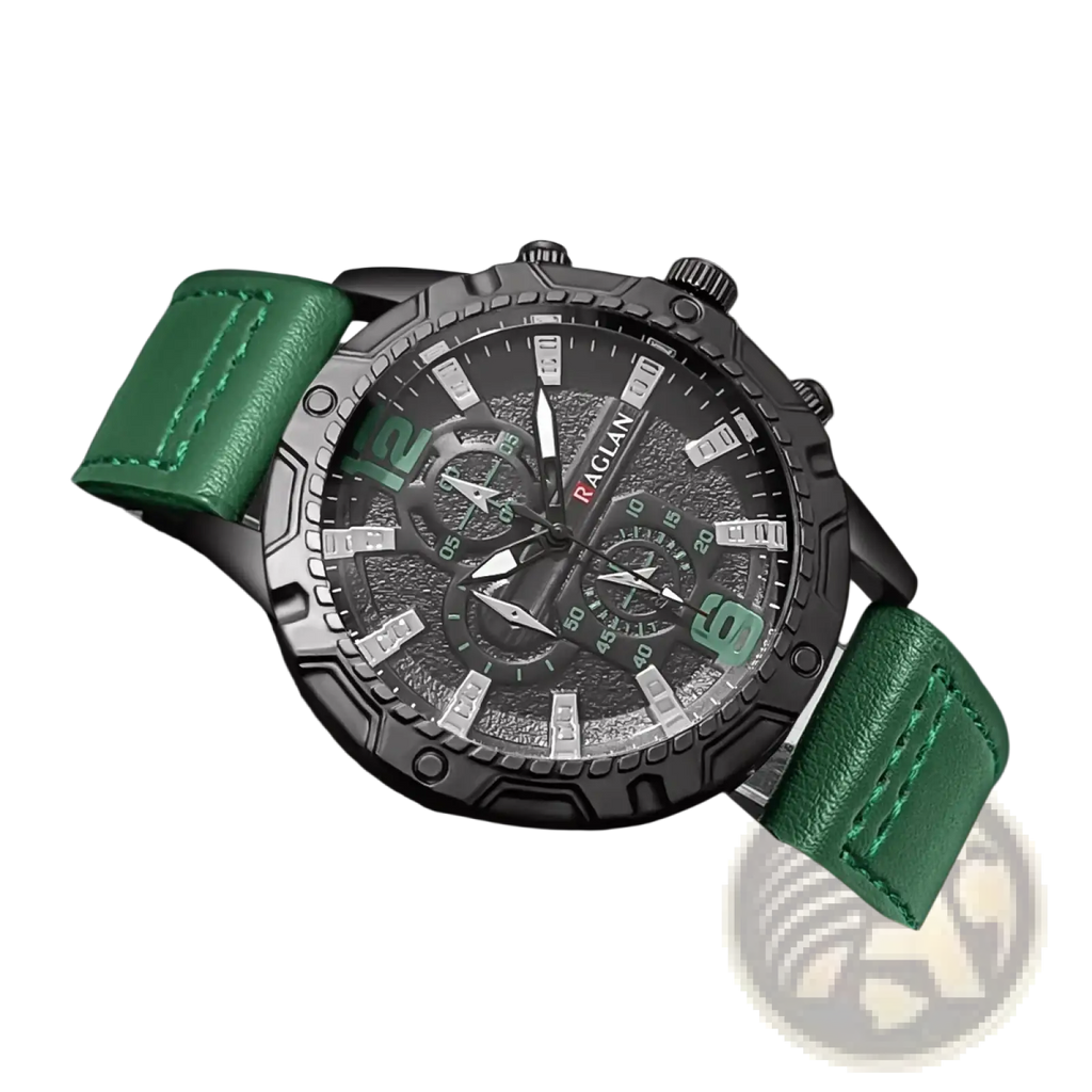 Men leather chronograph quartz watch with black raglan dial silver-tone accents and green leather strap