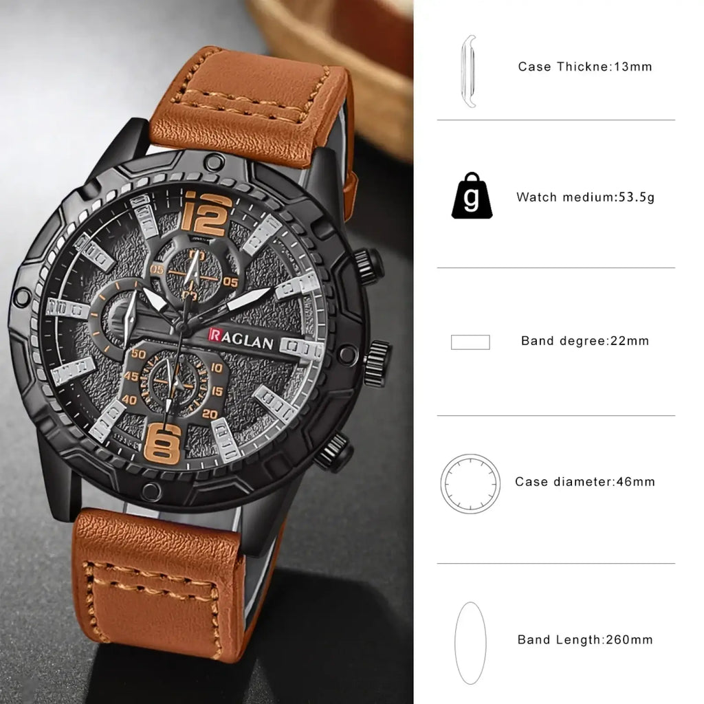 Men leather chronograph quartz watch with black raglan case, textured dial, orange numerals, and tan leather strap