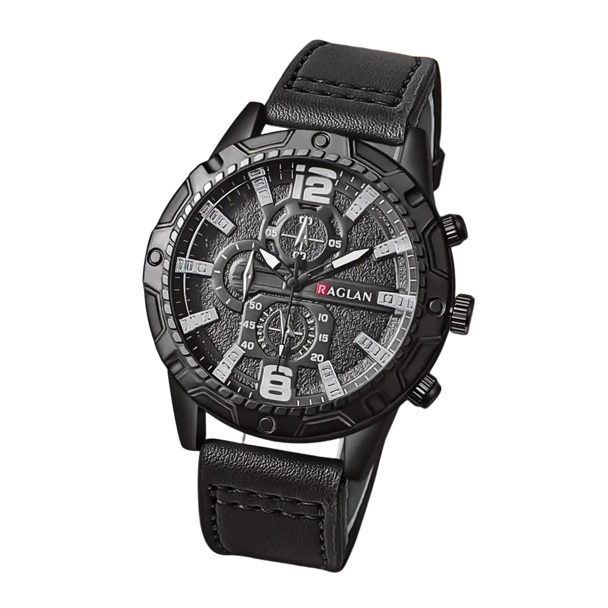 Men leather chronograph quartz watch with black leather strap, rugged textured black dial, and silver-toned hands and markers