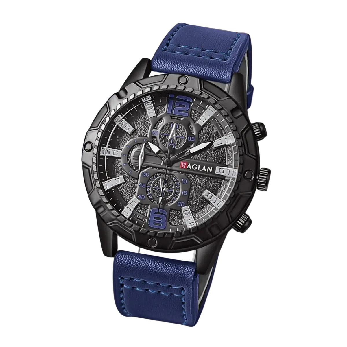 Men leather chronograph quartz watch with blue leather strap black case and gray textured dial featuring silver-tone details