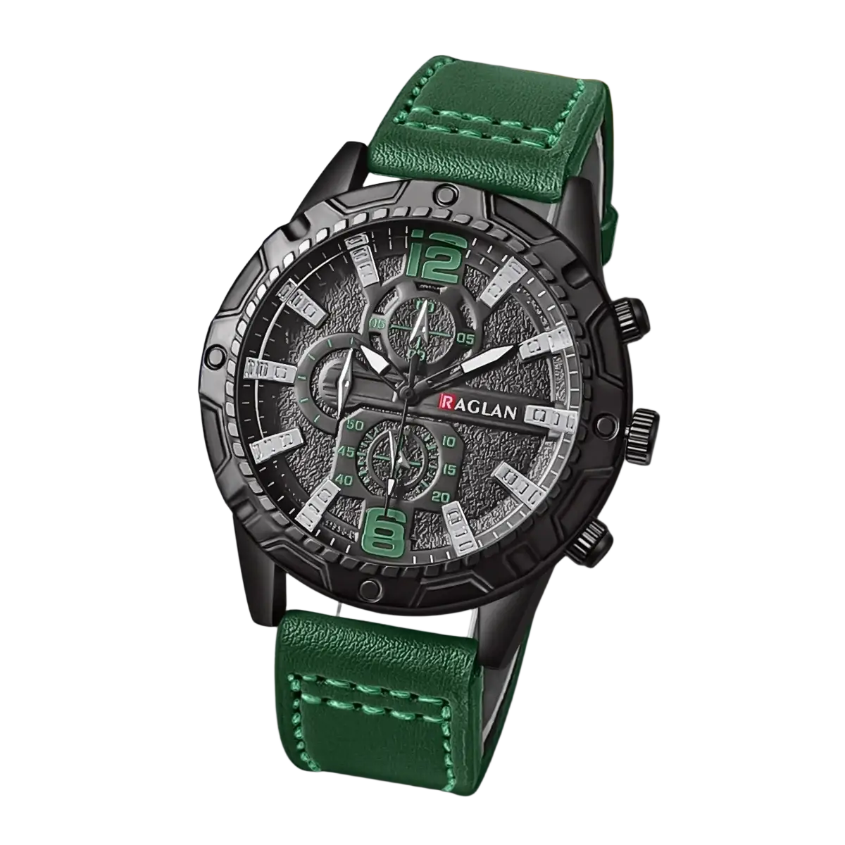 Men leather chronograph quartz watch with green leather strap black case and silver-toned sporty dial