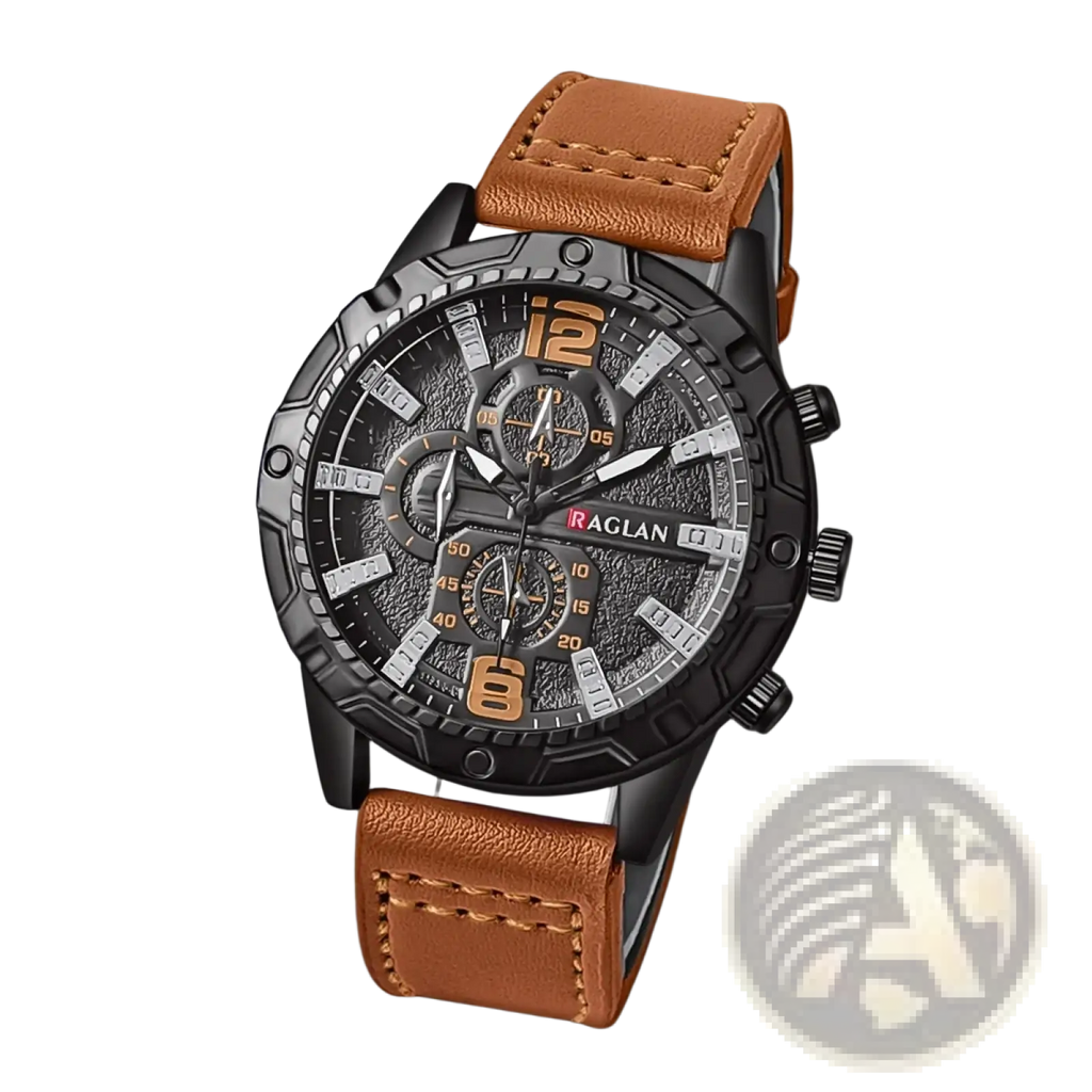 Men leather chronograph quartz watch with black and brown raglan case, textured dial, orange numerals, and tan leather strap