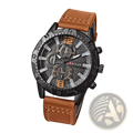 Men leather chronograph quartz watch with black and brown raglan case, textured dial, orange numerals, and tan leather strap