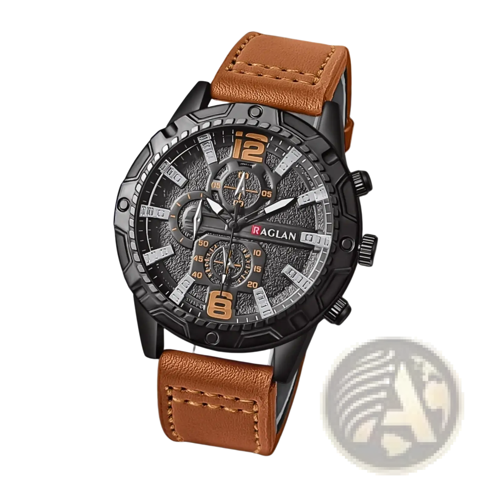 Men leather chronograph quartz watch with black and brown raglan case, textured dial, orange numerals, and tan leather strap