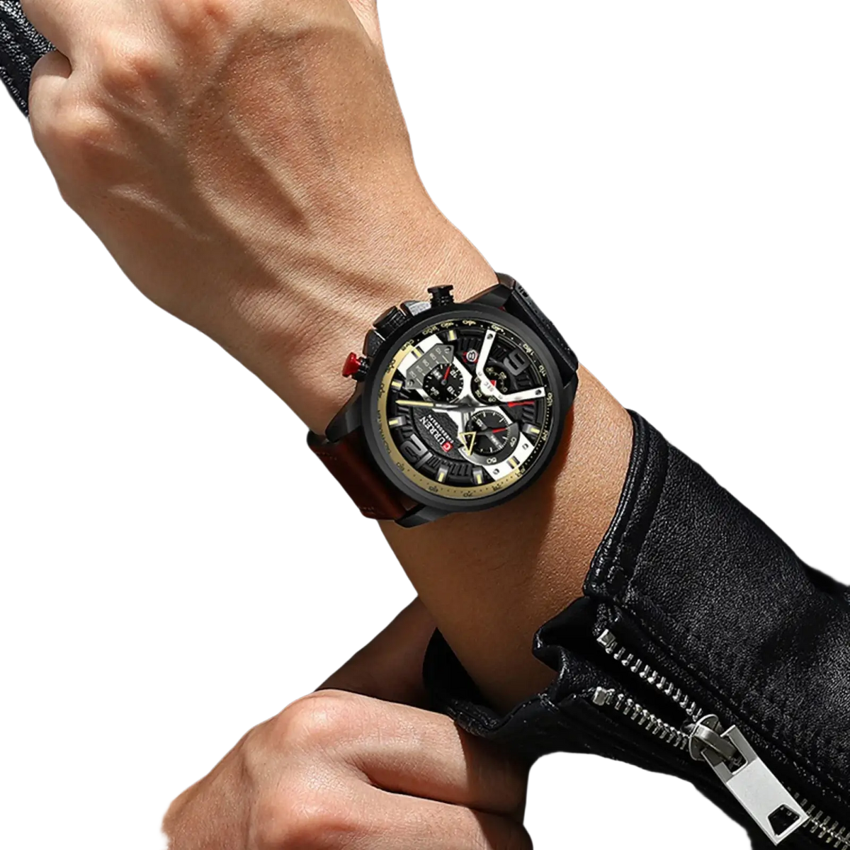 Men leather chronograph watch featuring a black and gold dial with red accents on a brown leather strap