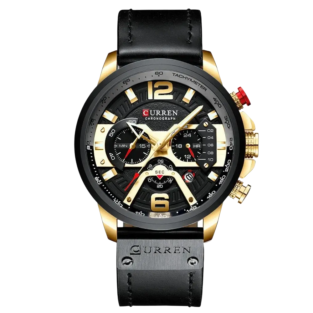 Men leather chronograph watch featuring a black and gold dial with a black leather strap for elegant style