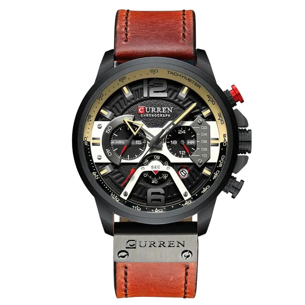 Men leather chronograph watch with black and gold dial and brown leather strap for stylish timekeeping