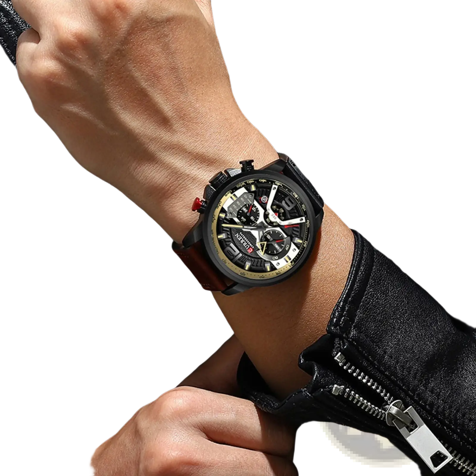 Men leather chronograph watch featuring a black and gold dial with red accents on a brown leather strap