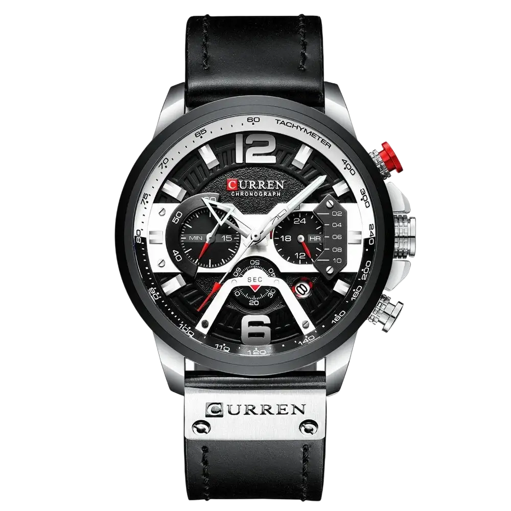 Men leather chronograph watch in black and silver with black leather strap and red accent on the crown