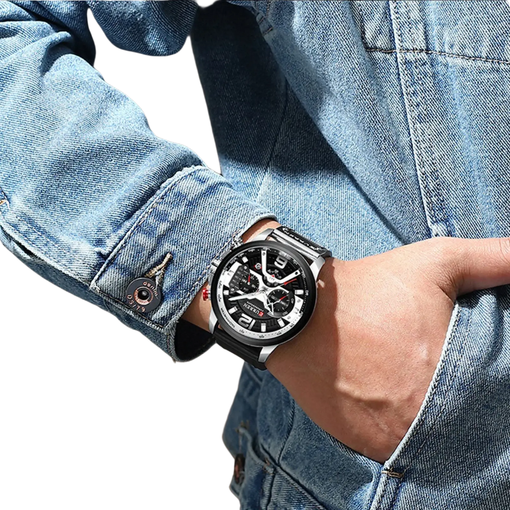 Men leather chronograph watch in black and silver with a black rubber strap for sporty and casual use