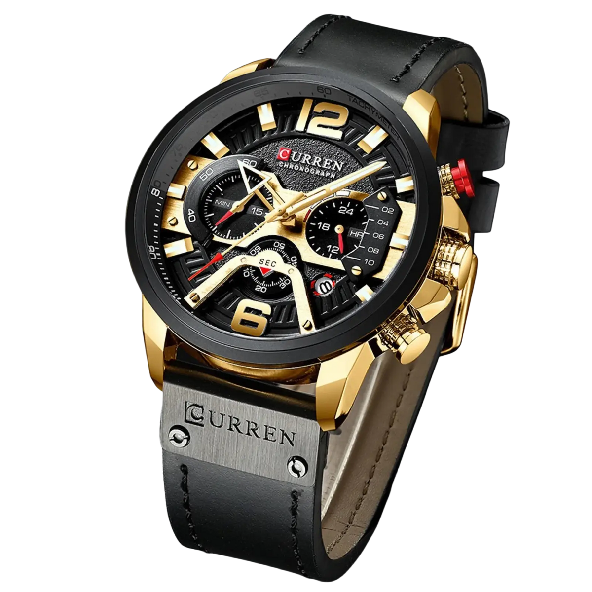 Men leather chronograph watch with black leather strap gold-tone case and subdials featuring Curren design