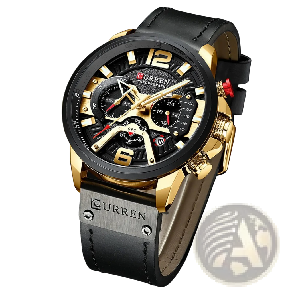 Men leather chronograph watch with black leather strap gold-tone case and subdials featuring Curren design