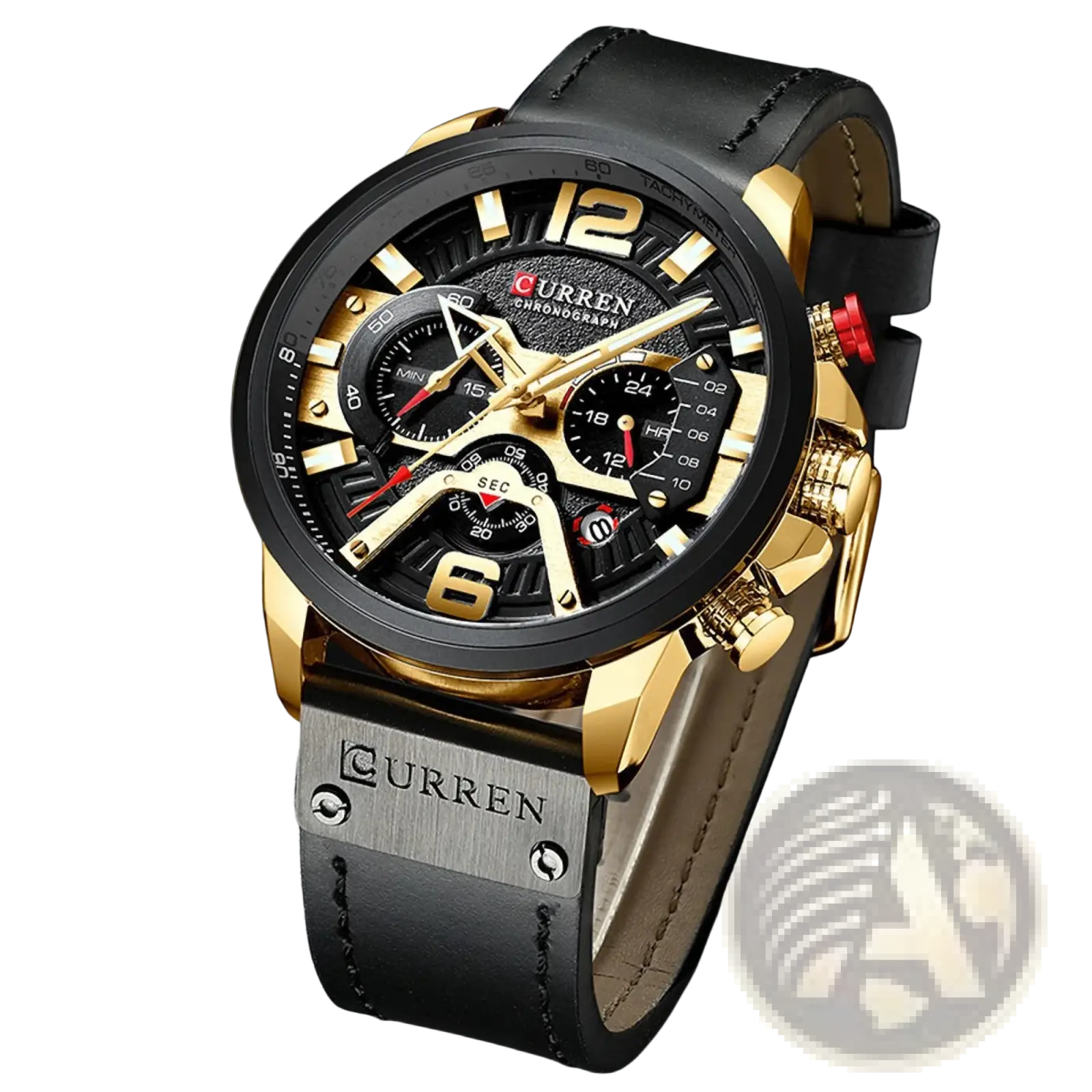 Men leather chronograph watch with black leather strap gold-tone case and subdials featuring Curren design