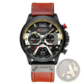 Men leather chronograph watch with black and gold dial and brown leather strap for stylish timekeeping