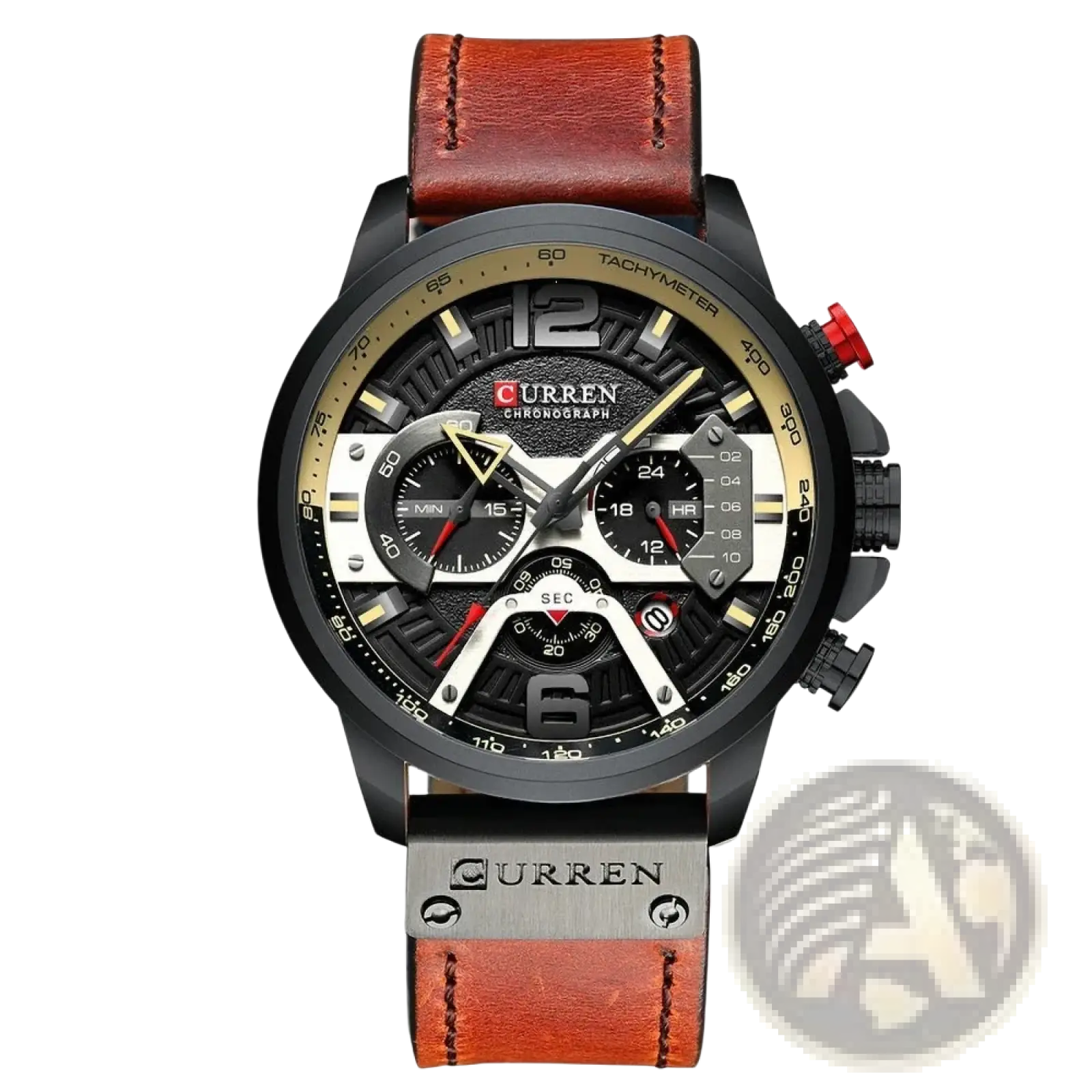 Men leather chronograph watch with black and gold dial and brown leather strap for stylish timekeeping