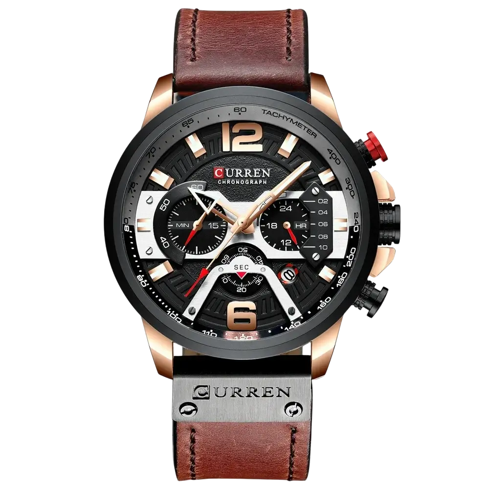 Men leather chronograph watch by Curren with black dial rose gold-tone case and brown leather strap