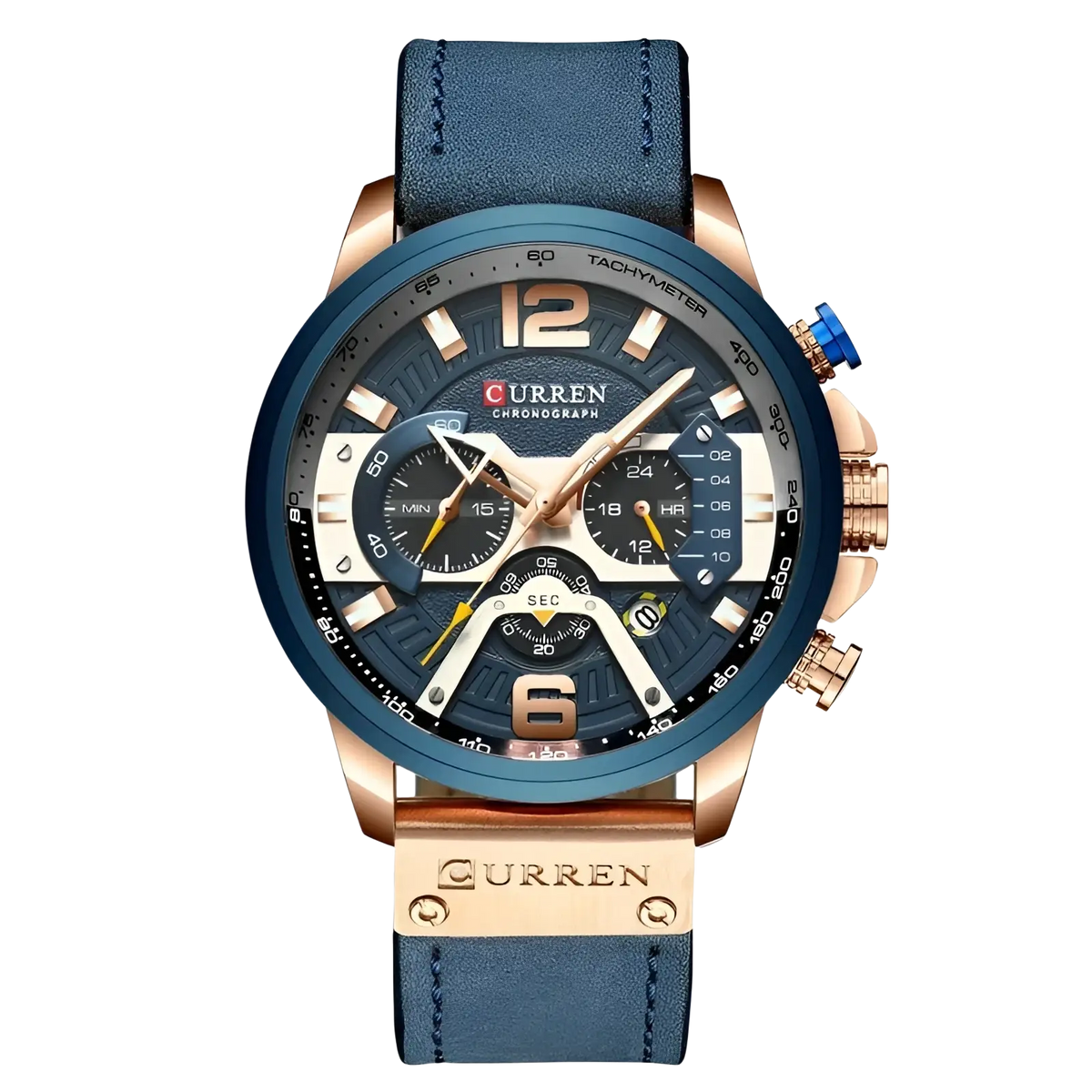 Men leather chronograph watch with Curren rose gold-tone case navy blue dial multiple subdials and dark blue strap