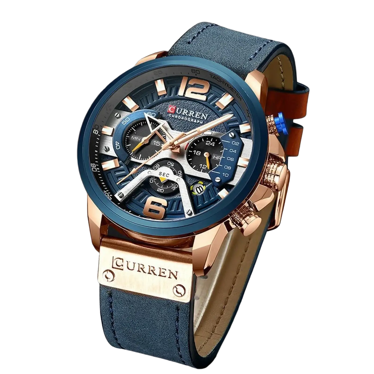 Men leather chronograph watch by Curren with blue dial rose gold tone case buckle and dark blue leather strap