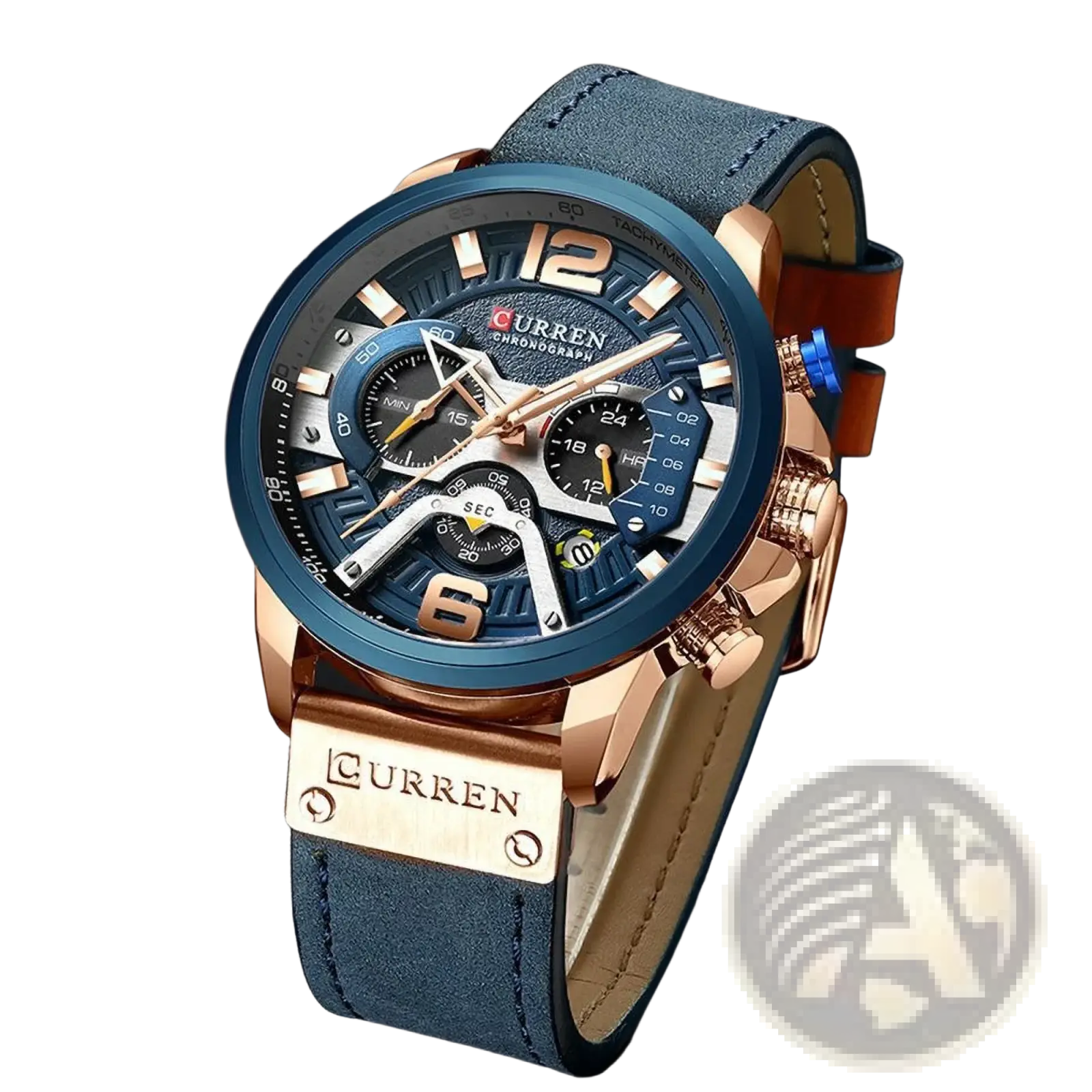 Men leather chronograph watch by Curren with blue dial rose gold tone case buckle and dark blue leather strap