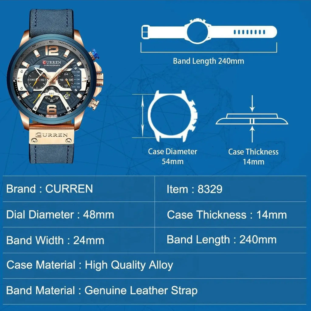 Men leather chronograph watch featuring a dark blue dial rose gold-tone case and genuine leather strap by Curren
