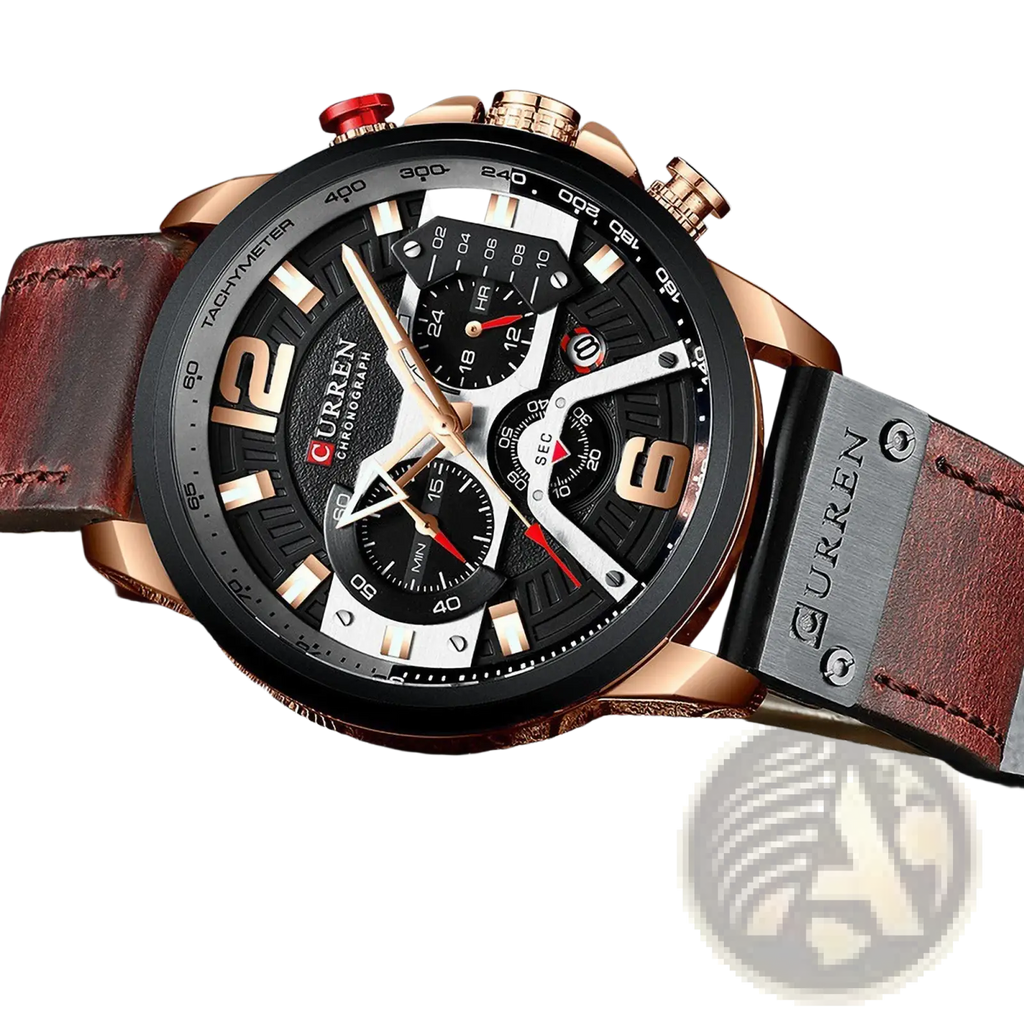 Men leather chronograph watch with rose gold case black and white dial red accents and brown leather strap by Curren
