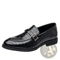 Black crocodile-embossed leather slip-on loafer for men featuring a silver-toned buckle detail
