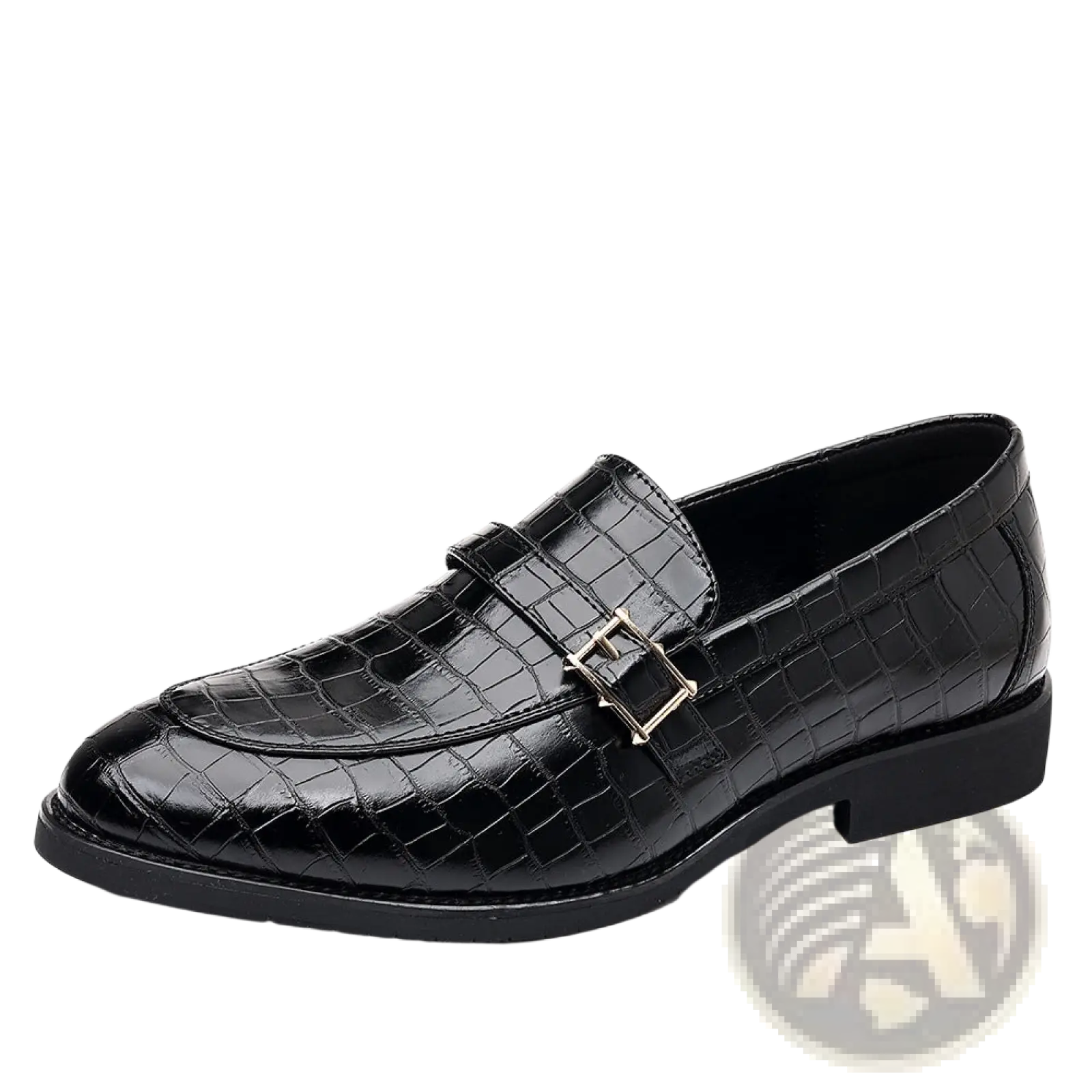 Black crocodile-embossed leather slip-on loafer for men featuring a silver-toned buckle detail
