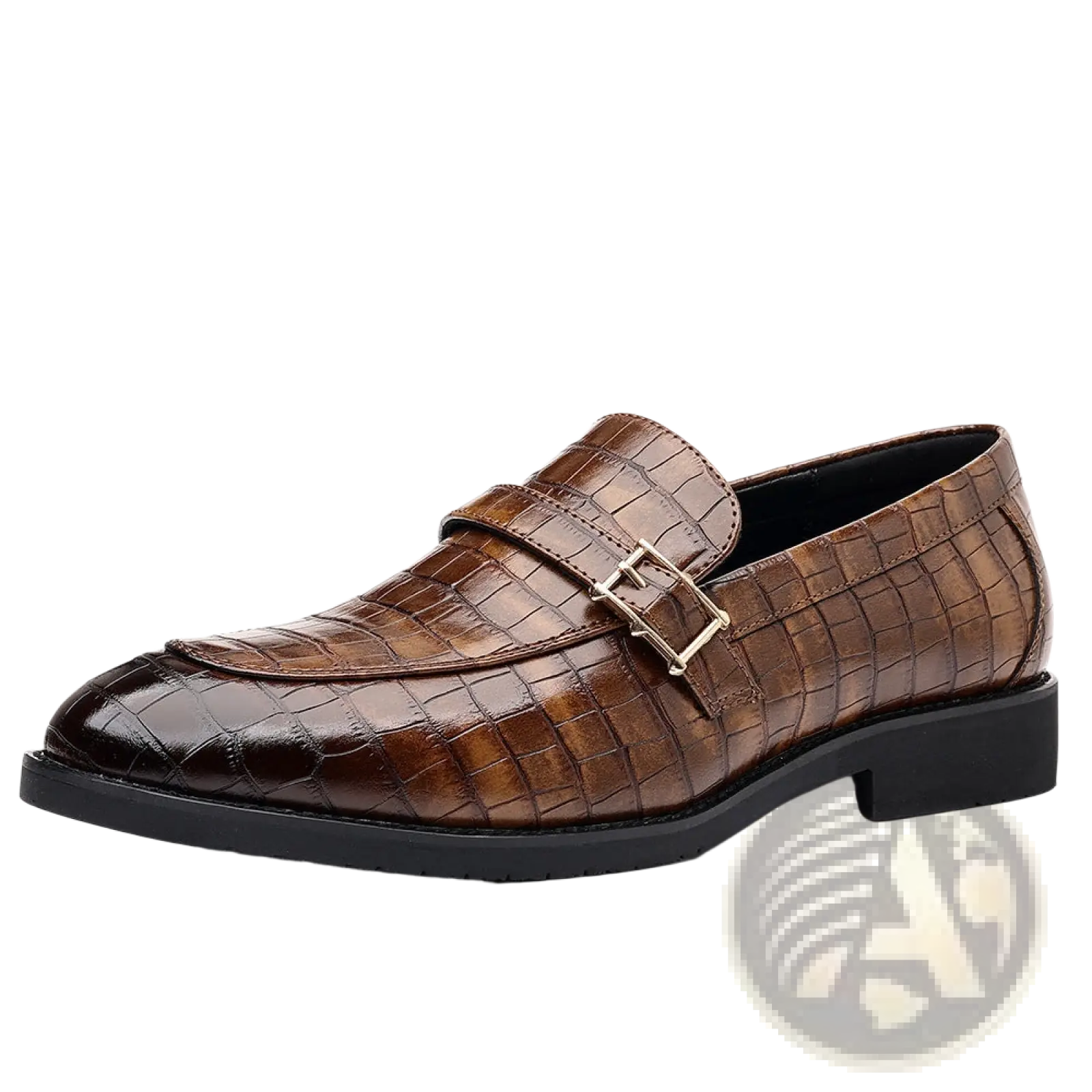Men leather croco loafers in brown slip-on design with crocodile pattern and silver metallic buckle detail