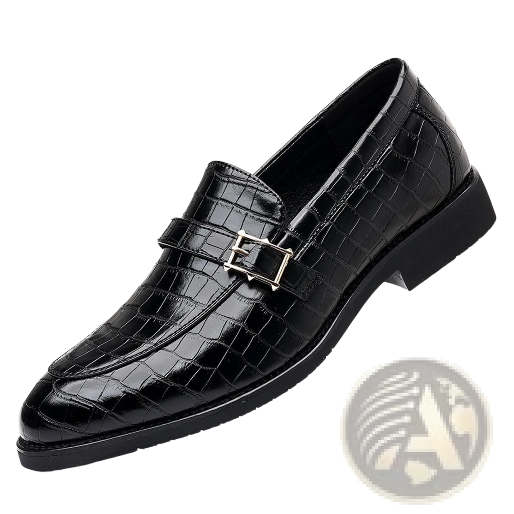Men leather croco loafers in black with silver-toned buckle featuring crocodile-patterned slip-on design