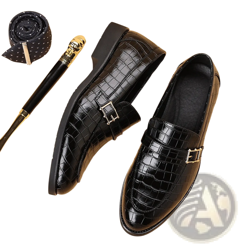 Men leather croco loafers in black with crocodile embossing and silver buckle accents for formal wear