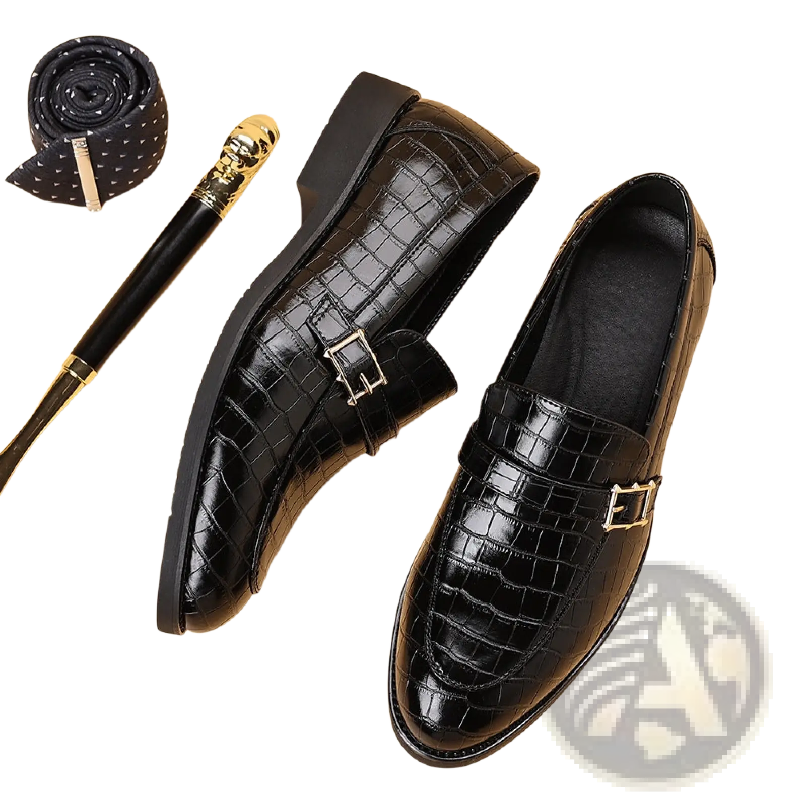 Men leather croco loafers in black with crocodile embossing and silver buckle accents for formal wear