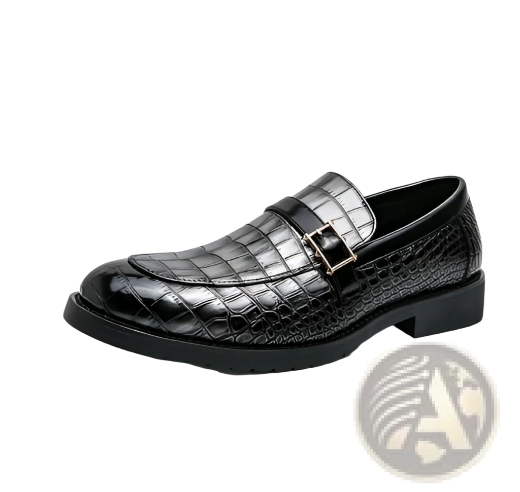 Black leather men croco loafers with slip-on design and silver buckle detail