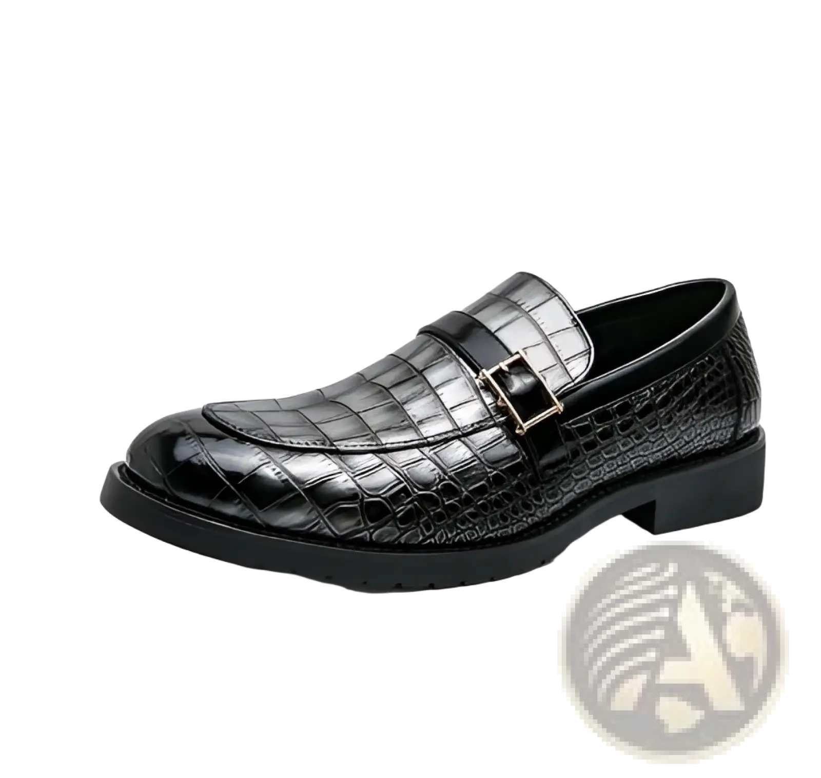 Black leather men croco loafers with slip-on design and silver buckle detail