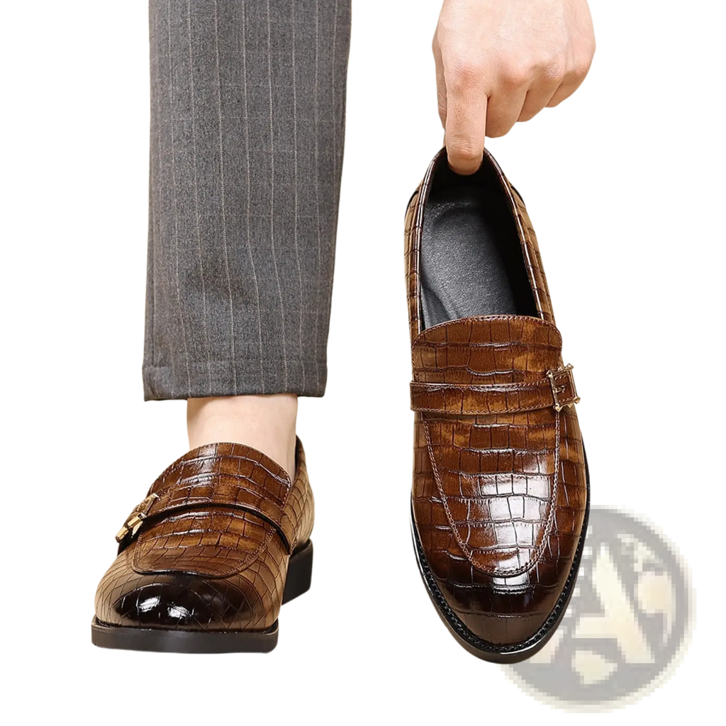 Men leather croco loafers in brown with glossy finish and silver metallic buckle accents