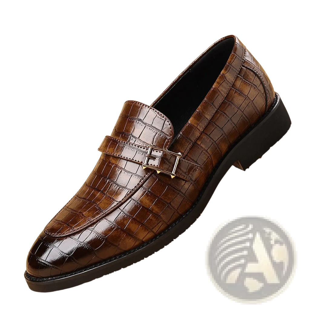 Men leather croco loafers in brown with metallic silver buckle slip-on design made of crocodile-patterned leather