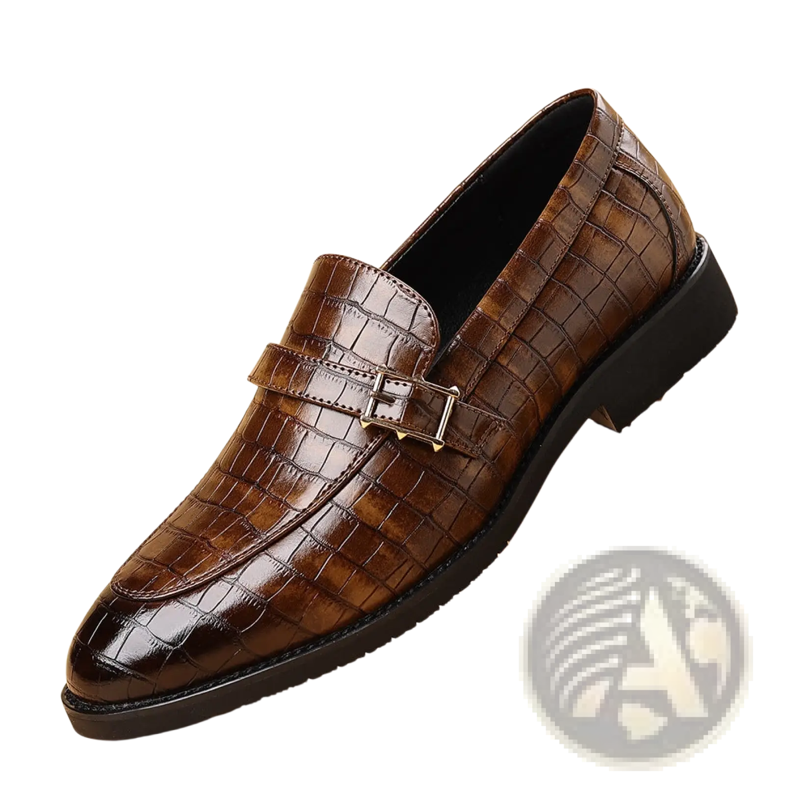 Men leather croco loafers in brown with metallic silver buckle slip-on design made of crocodile-patterned leather