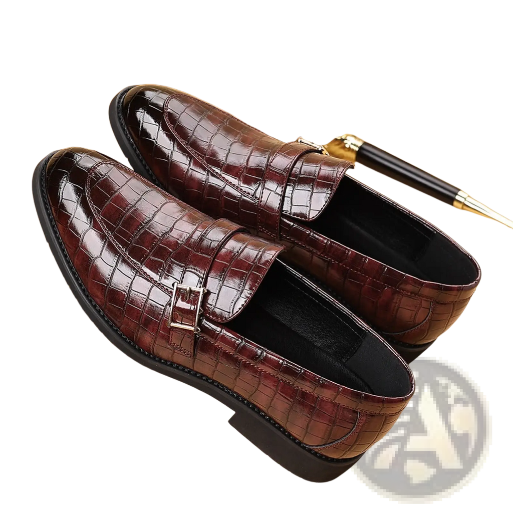 Burgundy men leather croco loafers featuring crocodile embossing with a silver buckle and black rubber sole
