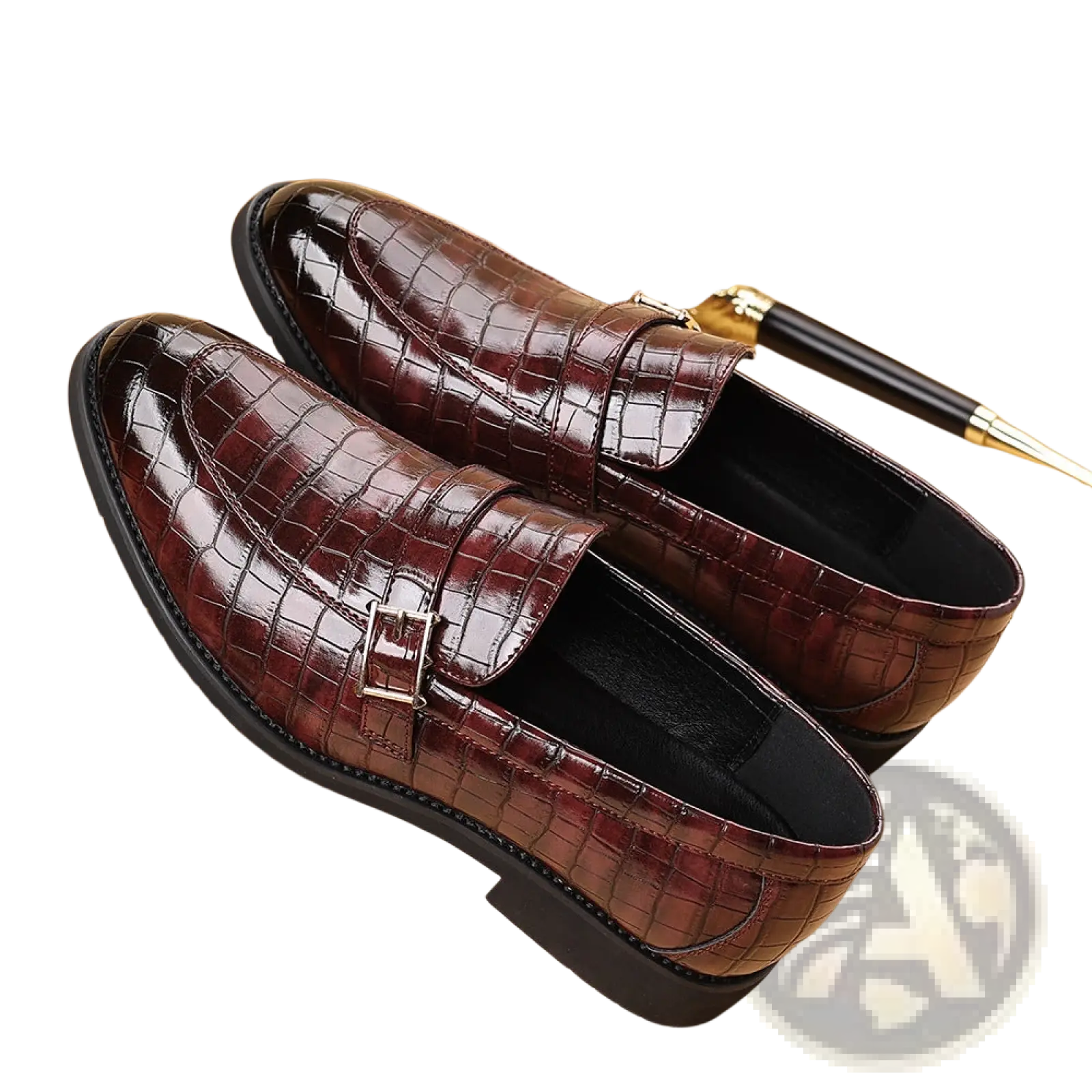 Burgundy men leather croco loafers featuring crocodile embossing with a silver buckle and black rubber sole