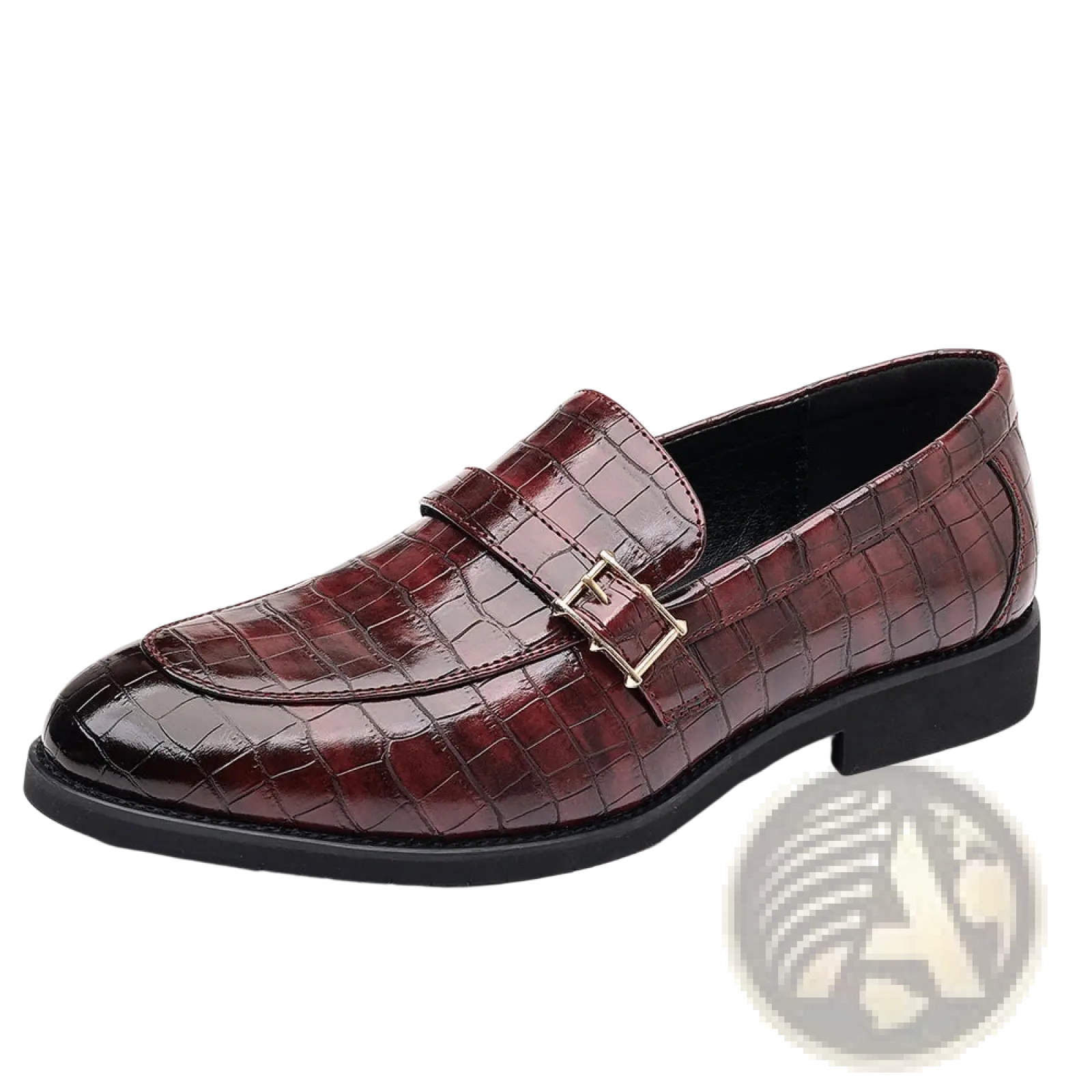 Burgundy crocodile-embossed leather slip-on loafer with a gold-toned buckle for men