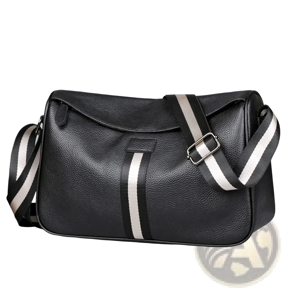 Men leather crossbody bag in black textured leather with a bold black and white striped casual messenger strap
