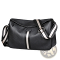 Men leather crossbody bag in black textured leather with a bold black and white striped casual messenger strap