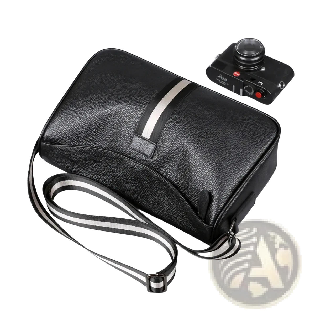 Men leather crossbody bag in black textured leather with a white and gray striped casual messenger strap