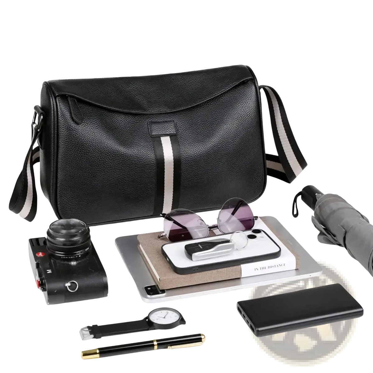 Black leather crossbody messenger bag for men with textured surface and contrasting white stripe down the front