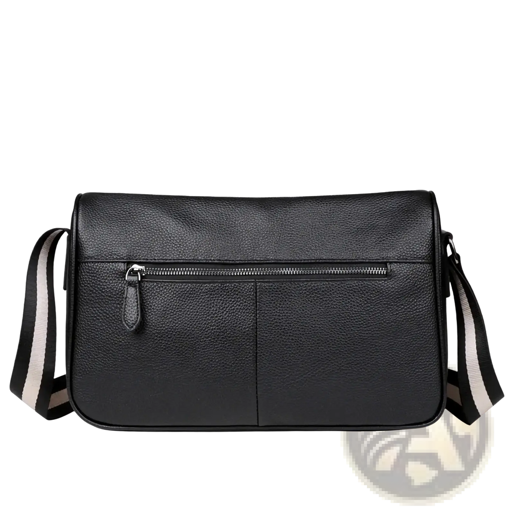 Black textured leather men leather crossbody bag with striped shoulder strap casual messenger bag
